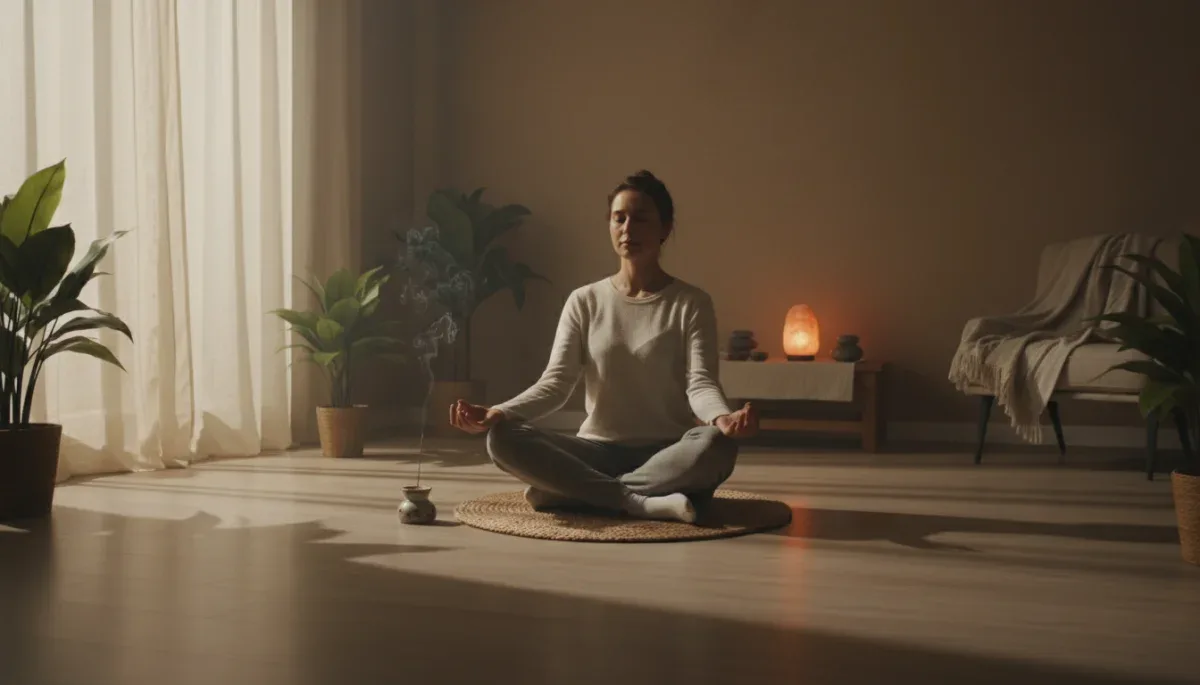 Person meditating for improved sleep and mental wellness.