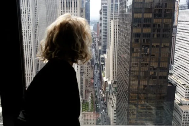 A person standing behind a clear glass wall, looking out at a chaotic cityscape. The glass wall symbolizes a boundary protecting them from the chaos. The lighting is slightly muted, with a sense of calm on one side and frenzy on the other.