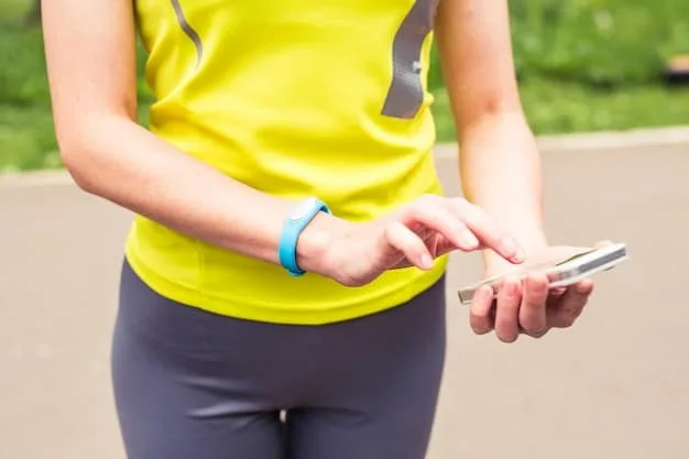 A fitness tracker on a person's wrist as they jog in a park, showing metrics like heart rate and distance covered, symbolizing the use of technology to monitor and motivate exercise habits for mental health.