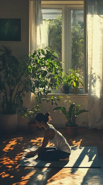 A person practicing yoga in a sunny room, with a serene and peaceful expression. The room is decorated with plants and soft lighting, creating a calming atmosphere.