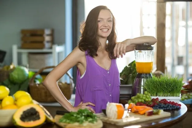 A person smiling while preparing a healthy meal in a bright, modern kitchen. The meal includes ingredients like leafy greens, colorful vegetables, healthy fats, and lean protein.