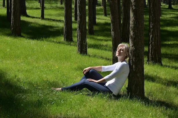 A person sitting on a park bench, eyes closed, taking a deep breath, with trees and greenery surrounding them, symbolizing a connection with nature and peaceful relaxation.
