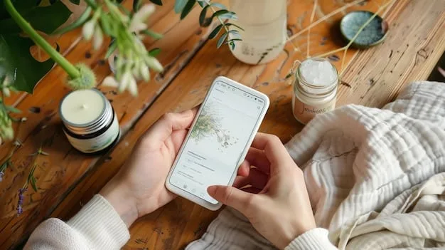 A close-up shot of a smartphone displaying a calming meditation app interface, focusing on the serene visuals and minimalist design.