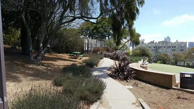 A detailed view of a city park with well-maintained walking paths, diverse plant life, benches, and people exercising and enjoying the space. Show the balance between urban development and green spaces, emphasizing the thoughtful integration of nature within the city.