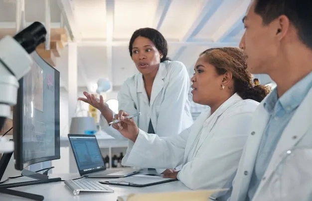 A group of diverse scientists in a brightly lit lab, collaborating and discussing research findings around a table filled with scientific papers and computer screens displaying data.
