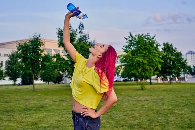 A person holding a water bottle, pouring water over their head, with a shaded park in the background. The image illustrates the importance of hydration and seeking cool environments during a heat wave.