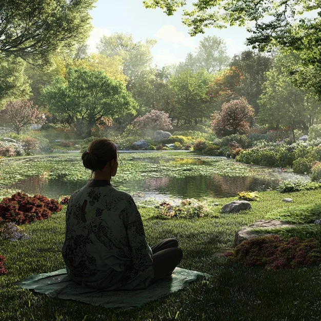 A person meditating in a peaceful garden, surrounded by nature, symbolizing gratitude for the natural world.