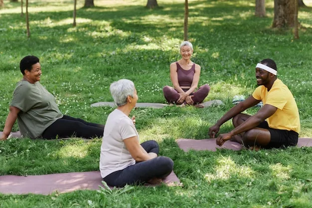 A diverse group of people doing yoga in a park, with a calm and serene atmosphere.