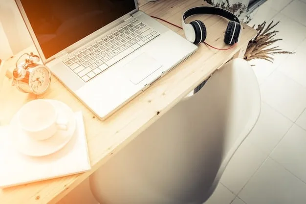 A minimalist office setup featuring a clean desk, ergonomic chair, monitor with blue light filter, noise-canceling headphones, and a small plant, illustrating an optimized environment for focus.