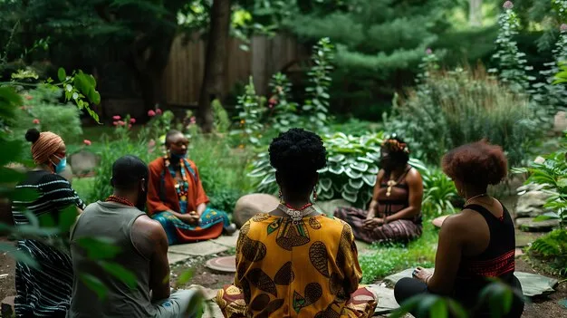 A group of diverse people participating in a guided forest bathing session, led by a trained therapist, showcasing the communal and therapeutic aspects of nature therapy.