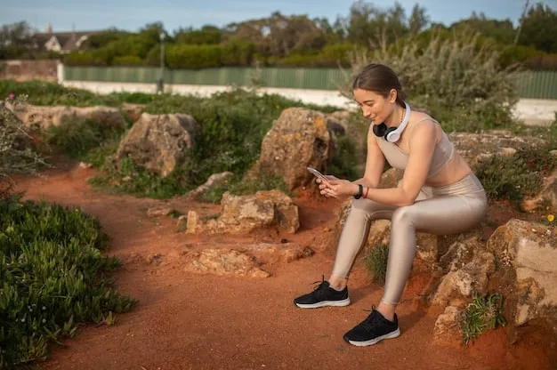 A person wearing a smartwatch and participating in a guided meditation session, with a calming landscape in the background.