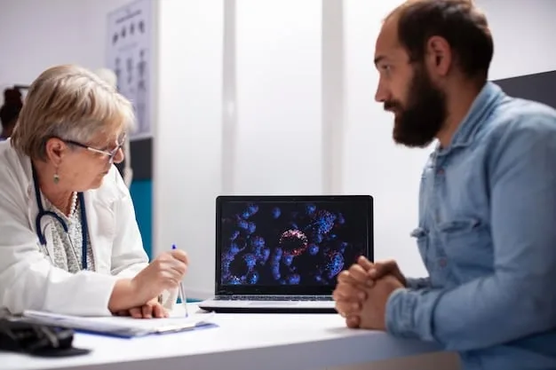 A doctor explaining biofeedback data on a computer screen to a patient. Both are looking at the screen, with the patient appearing engaged and the doctor pointing to specific data points. The setting is a modern clinic or therapy room.