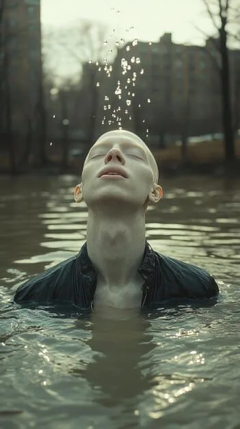 A person submerges their face in a bowl of cold water, holding their breath. The image conveys a sense of invigoration and controlled stress. The background is simple and uncluttered.