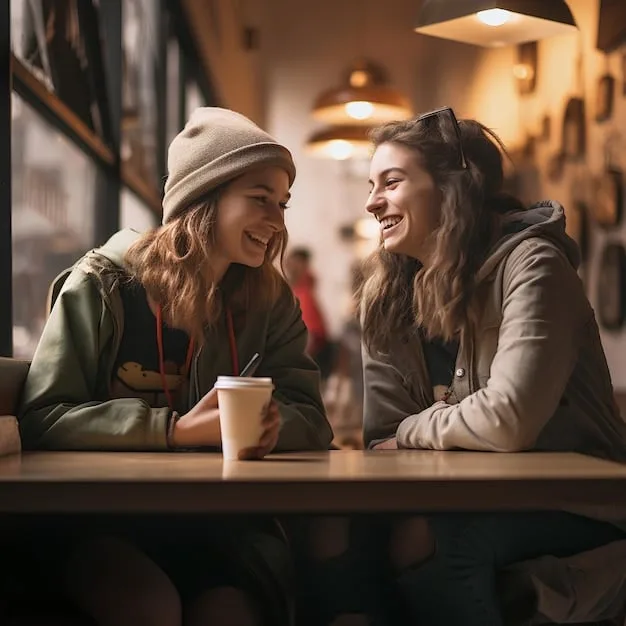 Two friends are laughing together over coffee in a cozy cafe. The image captures the warmth and connection of social interaction. Soft lighting and a blurred background emphasize the focus on their interaction.