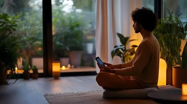 A person practicing mindfulness meditation with a smartphone displaying a meditation app. The background is a serene, natural setting, symbolizing balancing digital usage with offline well-being.