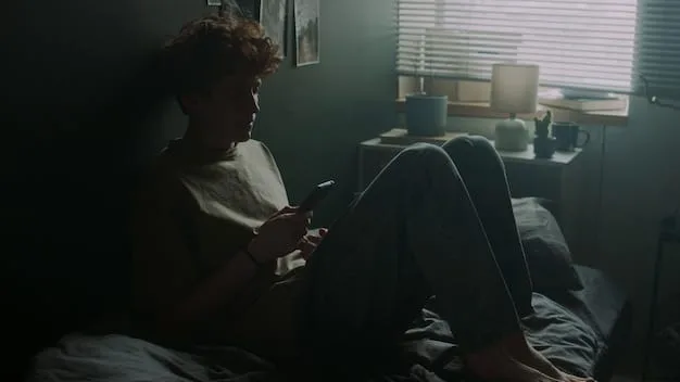 A person sitting alone in a dimly lit room, looking at their phone with a worried expression. Social media notifications and feeds are reflected in their eyes, symbolizing the overwhelming nature of online information.