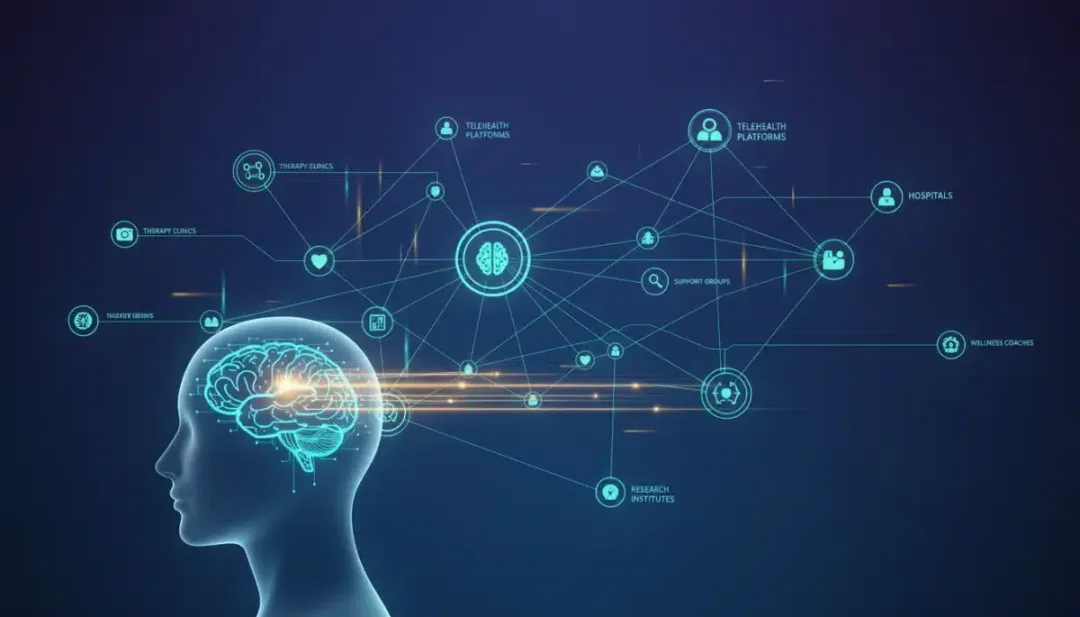 Interconnected network of mental health services and data flow