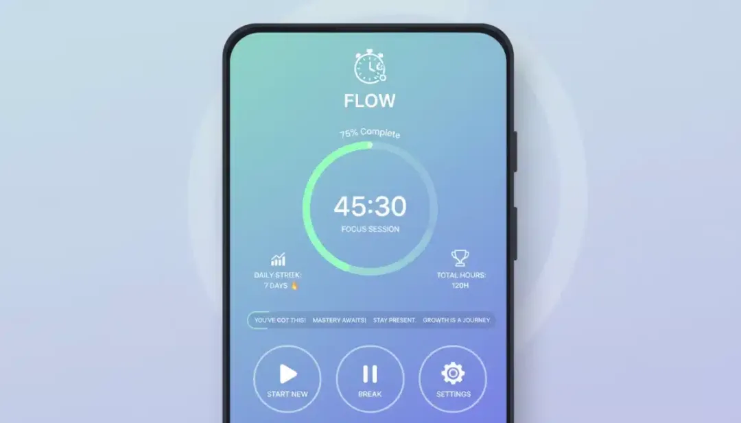 Smartphone displaying a focus-boosting app interface with progress tracker