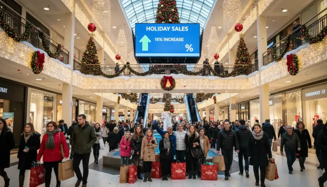 Shoppers celebrating increased US retail sales during a prosperous 2026 holiday season