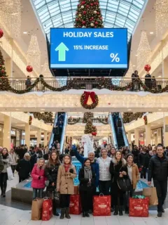 Shoppers celebrating increased US retail sales during a prosperous 2026 holiday season