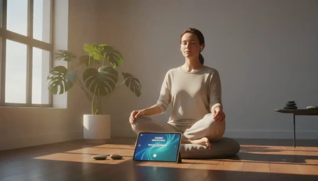 User meditating with a mental wellness app on a tablet