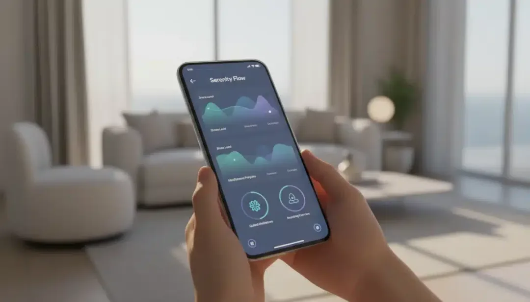 Futuristic mental wellness app interface on smartphone for stress reduction