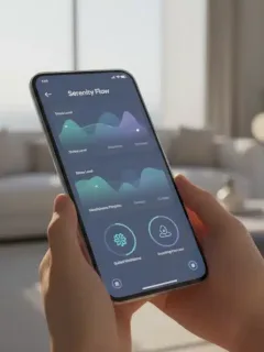 Futuristic mental wellness app interface on smartphone for stress reduction