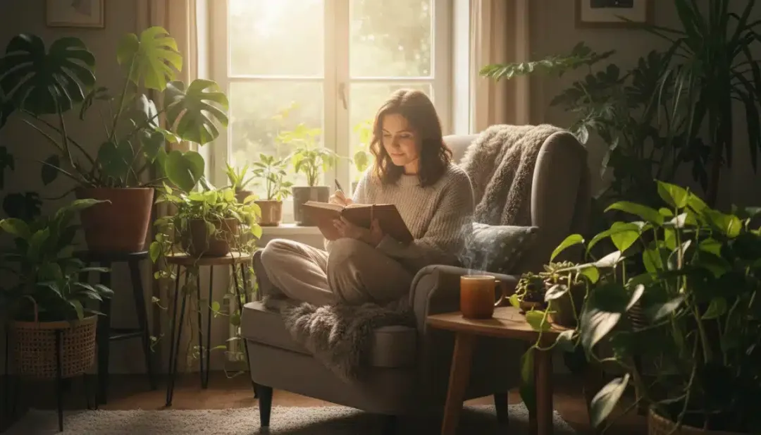 Person journaling in a cozy, sunlit room