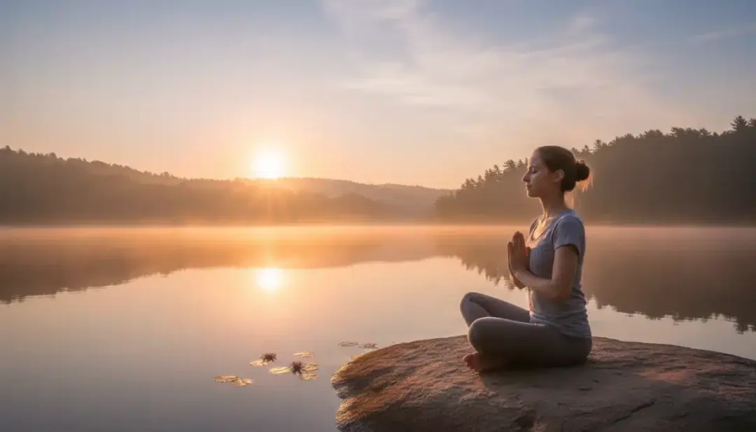 Serene person meditating by a lake at sunrise