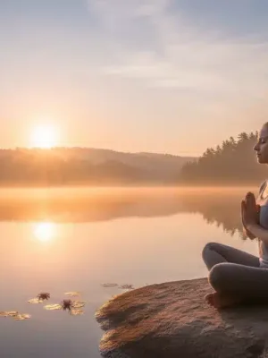 Serene person meditating by a lake at sunrise
