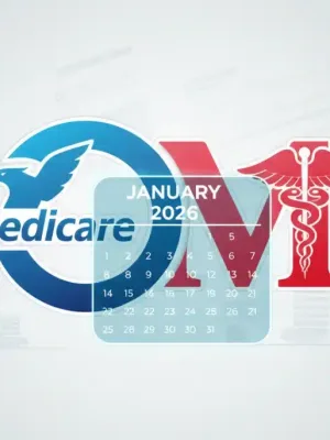 Medicare and Medicaid logos converging with a 2026 calendar overlay, symbolizing upcoming policy changes.