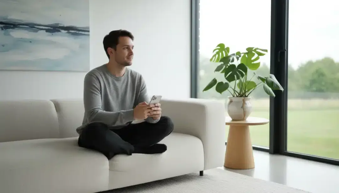 Woman mindfully engaging with smartphone in a serene living room