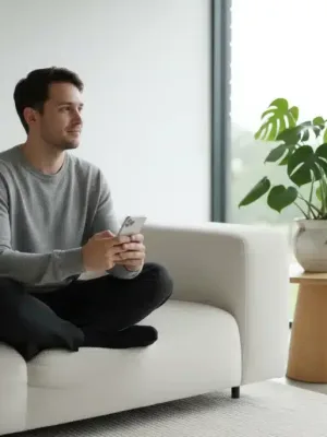 Woman mindfully engaging with smartphone in a serene living room