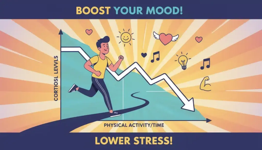 Graphic showing a person exercising, with a downward trend in cortisol levels and positive health indicators.
