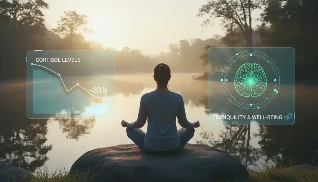 Person meditating peacefully in nature, symbolizing effective stress reduction and lower cortisol.