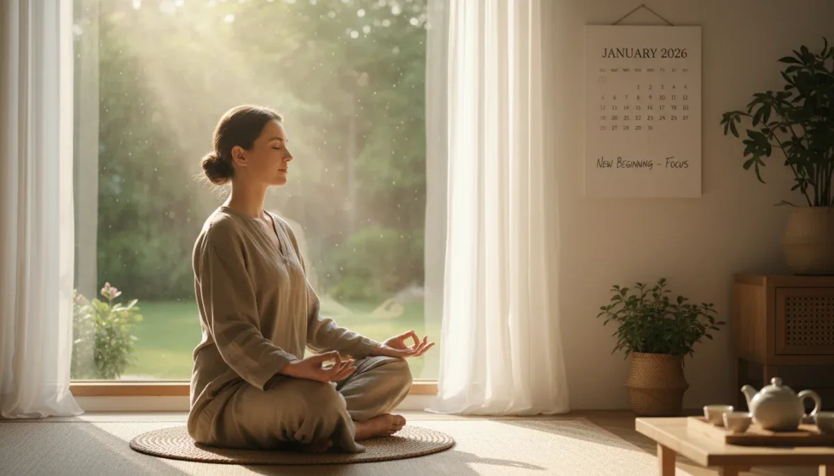 Person meditating peacefully, symbolizing mental clarity and a fresh start in 2026.