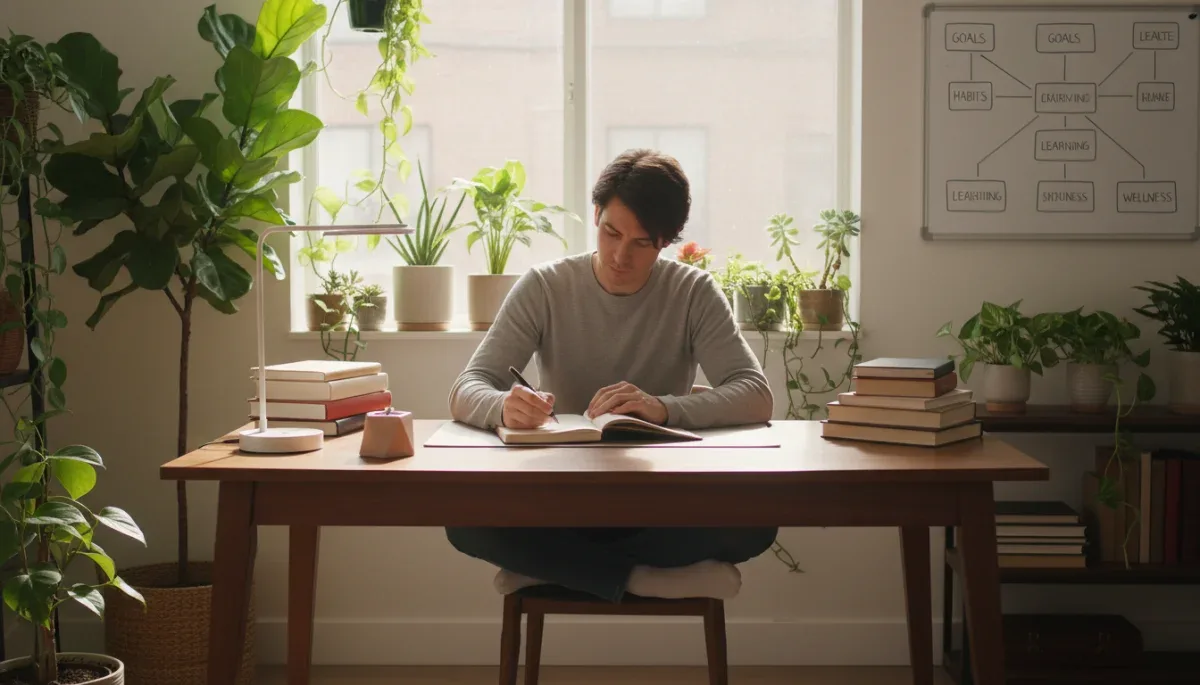 Journaling for self-reflection and mental organization in a calm setting.