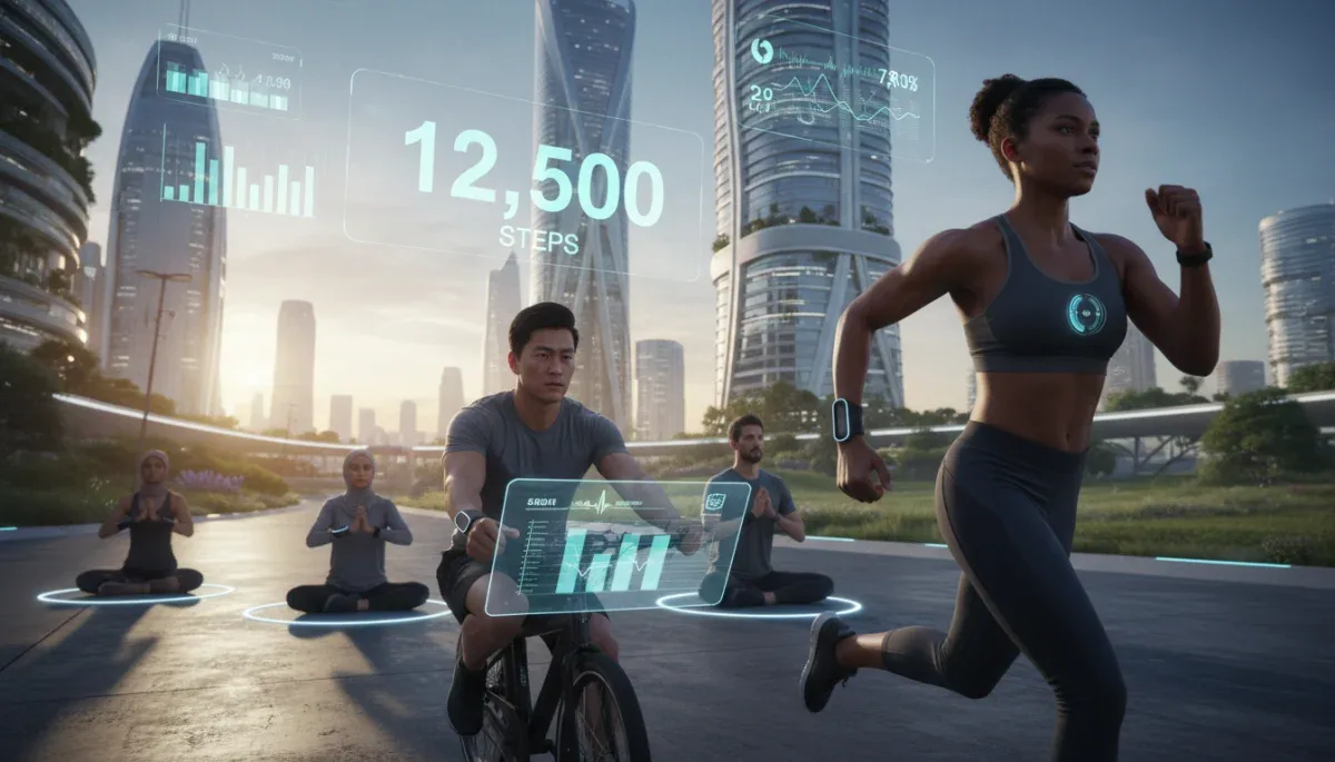 Diverse individuals using wearable health tech, futuristic city background