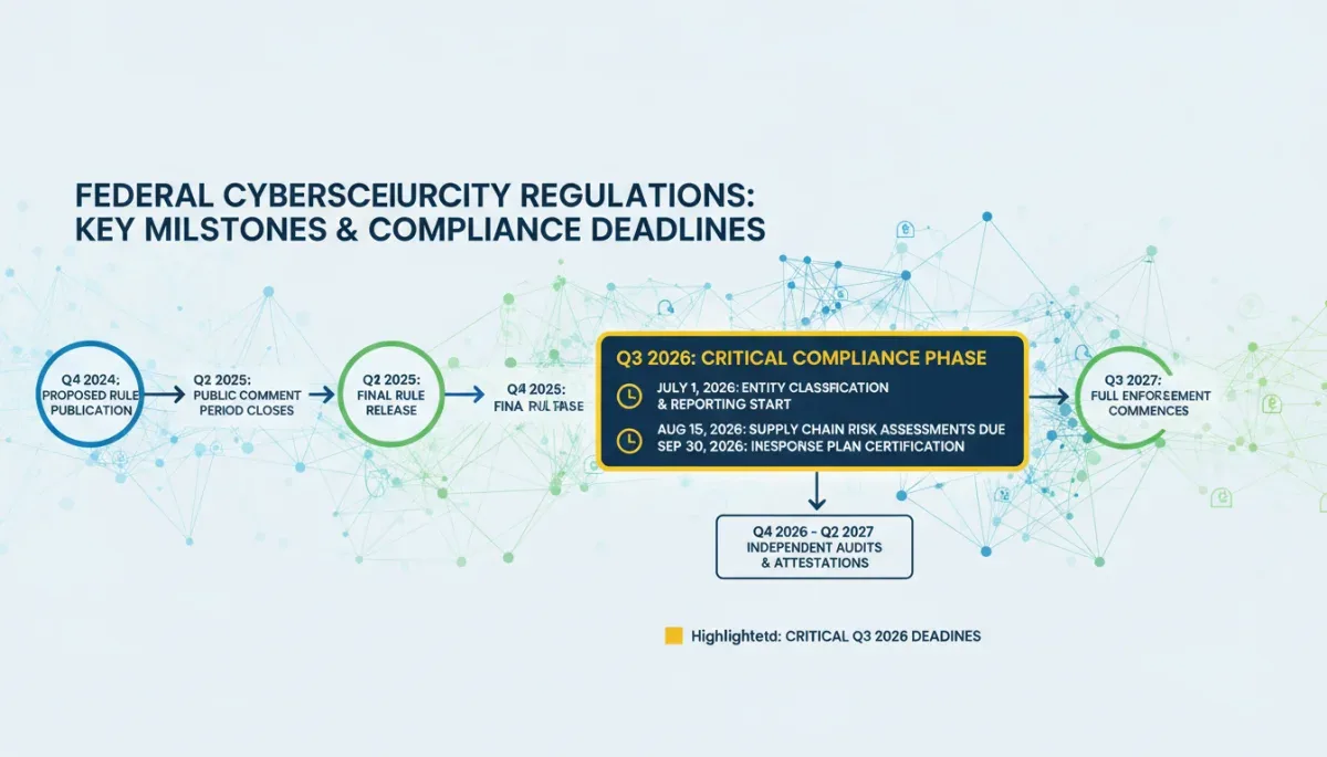 Infographic showing a timeline of federal cybersecurity regulation compliance deadlines