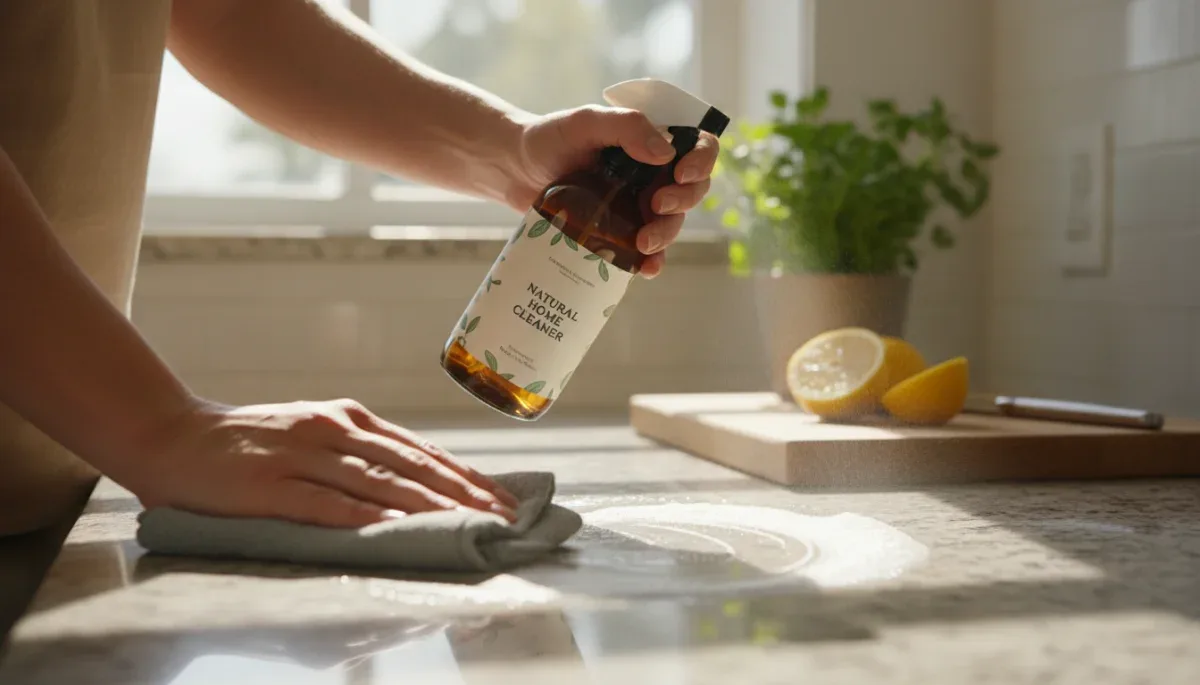 Person cleaning kitchen counter with eco-friendly spray, reducing chemical exposure.