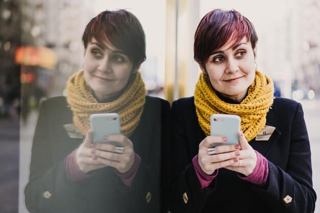 A split screen image showing someone smiling while using social media on one side, and looking anxious and overwhelmed on the other side. The background subtly blends from bright and cheerful to dark and cluttered.