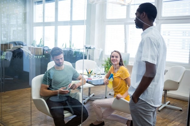 An image depicting a supportive workplace environment, with employees interacting positively and resources for mental health visibly available. This image highlights the benefit of mental health support for job retention.