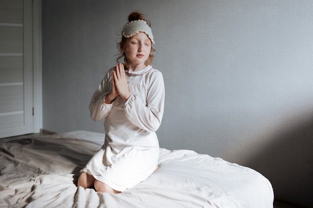A person practicing yoga or meditation in a dimly lit room before bed, showcasing a relaxing bedtime routine that promotes better sleep quality and mental well-being.