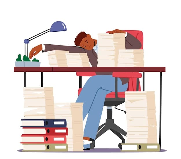 A person sitting at a desk, looking stressed and overwhelmed. They are surrounded by papers and have their head in their hands. The scene conveys a sense of pressure and exhaustion.
