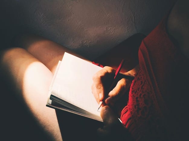 A close-up image of a hand writing in a journal, with a pen resting on paper. The journal is open to a page with bullet points and keywords like 