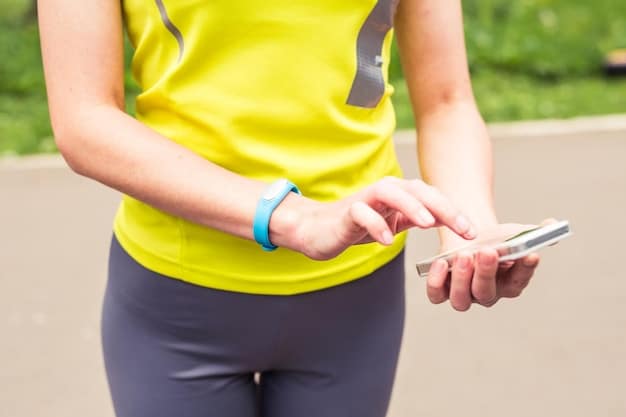 A fitness tracker on a person's wrist as they jog in a park, showing metrics like heart rate and distance covered, symbolizing the use of technology to monitor and motivate exercise habits for mental health.