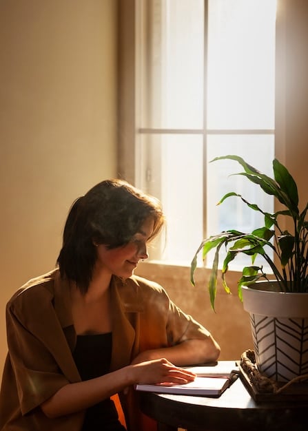 A person sitting by a window, sunlight streaming in, writing in a journal. The scene evokes a sense of peace, reflection, and the potential for self-discovery through writing.