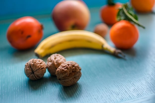 A close-up shot of various whole foods known for their mood-boosting properties, such as dark chocolate, bananas, walnuts, and blueberries, arranged artistically on a wooden surface.