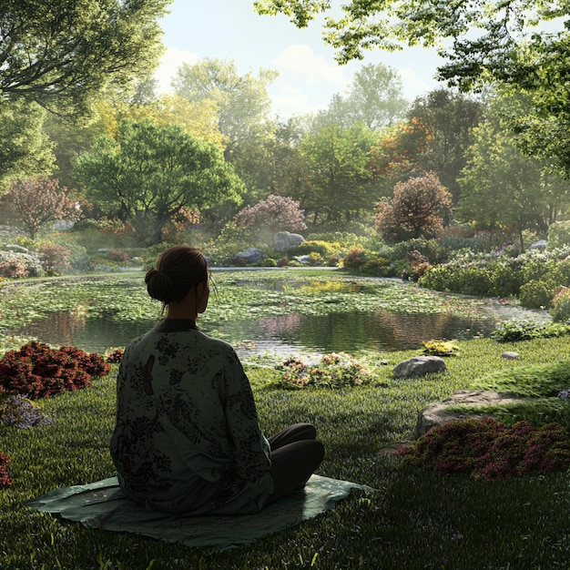 A person meditating in a peaceful garden, surrounded by nature, symbolizing gratitude for the natural world.