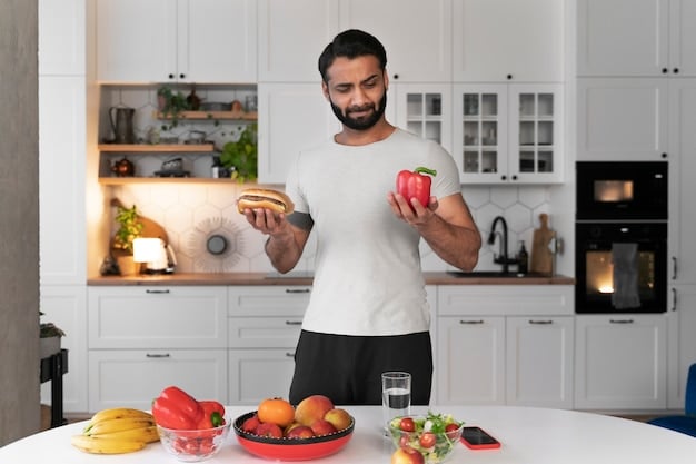 A person preparing a healthy meal with fresh fruits and vegetables in a bright, modern kitchen. The scene conveys a sense of vitality, nourishment, and proactive health management.